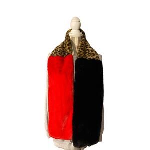 INC International Concepts Red Black Leopard Colorblock Faux Fur Scarf Women’s